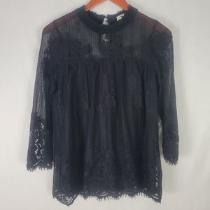 Chance or Fate Womens Blouse Small Top‎ Black Floral Lace Long Sleeve Crew Neck